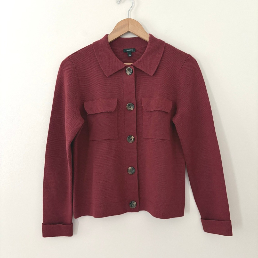 Talbots Cardigan Jacket S Burgundy Red Wool Blend Button Front Shacket Pocket - Picture 2 of 9